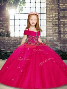 Beautiful Fuchsia Lace Up Straps Sleeveless Floor Length Little Girl Pageant Dress Beading
