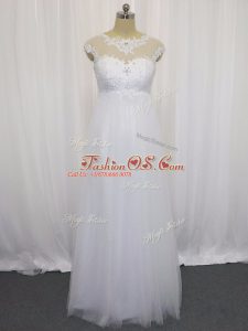 Classical Sleeveless Tulle Floor Length Lace Up Bridal Gown in White with Beading and Lace