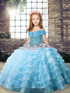 Aqua Blue Organza Lace Up Girls Pageant Dresses Sleeveless Brush Train Beading and Ruffled Layers