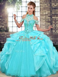 Custom Fit Aqua Blue Organza Lace Up Halter Top Sleeveless Floor Length Quinceanera Gown Beading and Ruffles