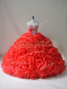 Glittering Sleeveless Fabric With Rolling Flowers Court Train Lace Up 15 Quinceanera Dress in Red with Beading and Ruffles