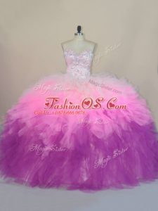 Tulle Sweetheart Sleeveless Brush Train Lace Up Beading and Ruffles Sweet 16 Dress in Multi-color