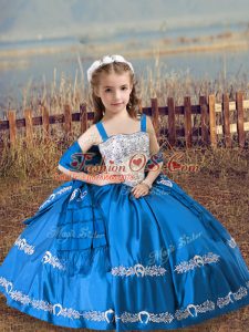 Stylish Blue Satin Lace Up Straps Sleeveless Floor Length Little Girls Pageant Gowns Beading and Embroidery