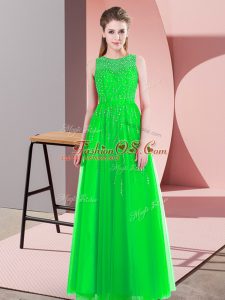 Admirable Sleeveless Tulle Floor Length Side Zipper Prom Dress in Green with Beading