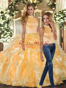 Deluxe Beading and Ruffles Sweet 16 Dresses Gold Backless Sleeveless Floor Length