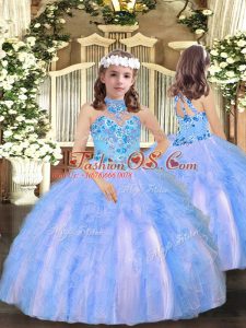 Eye-catching Floor Length Lace Up Little Girl Pageant Gowns Blue for Party and Wedding Party with Appliques and Ruffles