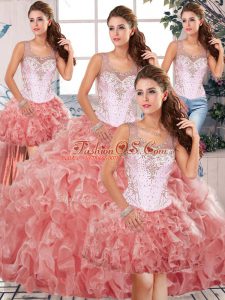 Dramatic Floor Length Watermelon Red Quince Ball Gowns Organza Sleeveless Beading and Ruffles