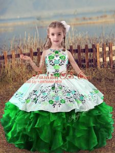 New Style Sleeveless Organza Floor Length Lace Up Pageant Dress for Teens in Green with Embroidery and Ruffles