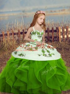 Green Sleeveless Embroidery and Ruffles Floor Length Little Girl Pageant Dress