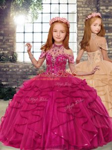 Fuchsia Sleeveless Tulle Lace Up Little Girl Pageant Dress for Party and Wedding Party