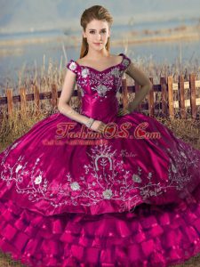 Fuchsia Off The Shoulder Lace Up Embroidery and Ruffled Layers Sweet 16 Dress Sleeveless