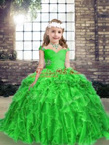 Custom Design Floor Length Green Girls Pageant Dresses Straps Sleeveless Lace Up