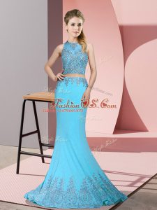 Sweep Train Mermaid Evening Dress Aqua Blue High-neck Satin Sleeveless Zipper