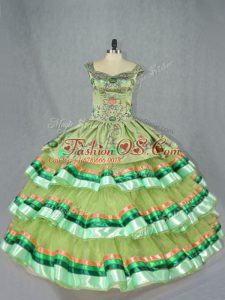 High End Olive Green Ball Gowns Organza Straps Sleeveless Embroidery and Ruffled Layers Floor Length Lace Up Quince Ball Gowns