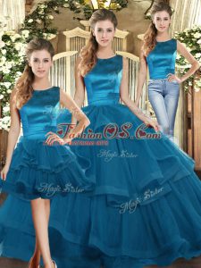 Teal Lace Up Quince Ball Gowns Ruffles Sleeveless Floor Length