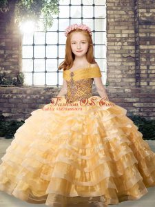 Organza Straps Sleeveless Brush Train Lace Up Beading and Ruffled Layers Little Girls Pageant Gowns in Orange