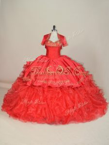 New Style Red Satin and Organza Lace Up Sweet 16 Dress Sleeveless Brush Train Embroidery and Ruffles
