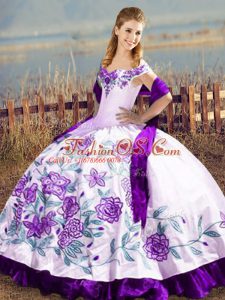 White And Purple Satin Lace Up Off The Shoulder Sleeveless Floor Length 15 Quinceanera Dress Embroidery and Ruffles