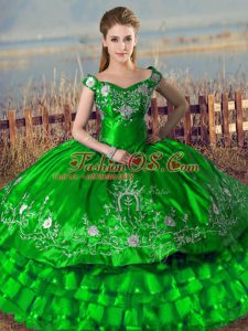 Comfortable Sleeveless Floor Length Embroidery and Ruffled Layers Lace Up 15 Quinceanera Dress with Green