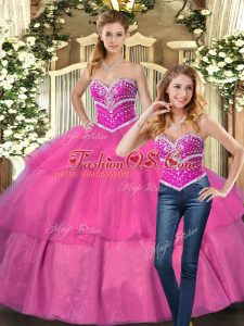 High End Sleeveless Floor Length Beading Lace Up Sweet 16 Dresses with Hot Pink