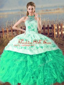 Organza Halter Top Sleeveless Court Train Lace Up Embroidery and Ruffles Ball Gown Prom Dress in Turquoise