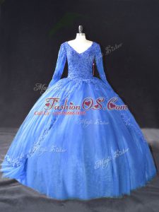 Blue Long Sleeves Lace and Appliques Floor Length Quince Ball Gowns