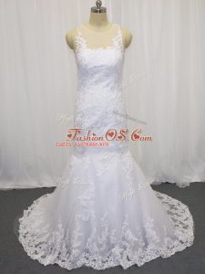 Scoop Sleeveless Brush Train Side Zipper Bridal Gown White Tulle