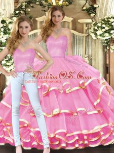 Rose Pink Sleeveless Organza Lace Up Sweet 16 Dress for Military Ball and Sweet 16 and Quinceanera