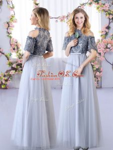 Dramatic Tulle Short Sleeves Floor Length Bridesmaid Dress and Appliques