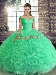Decent Turquoise Lace Up Off The Shoulder Beading Quinceanera Dress Fabric With Rolling Flowers Sleeveless