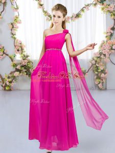 High End One Shoulder Sleeveless Bridesmaid Dresses Floor Length Beading and Hand Made Flower Hot Pink Chiffon