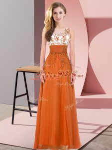 Scoop Sleeveless Damas Dress Floor Length Appliques Orange Red Chiffon