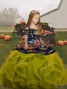 Floor Length Olive Green Pageant Gowns For Girls Organza Sleeveless Embroidery and Ruffles