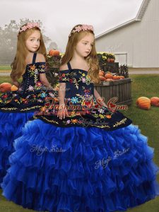 Enchanting Royal Blue Organza Lace Up Straps Sleeveless Floor Length Little Girls Pageant Dress Embroidery