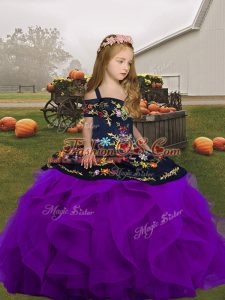 Perfect Purple Ball Gowns Embroidery and Ruffles Little Girls Pageant Gowns Lace Up Tulle Sleeveless Floor Length