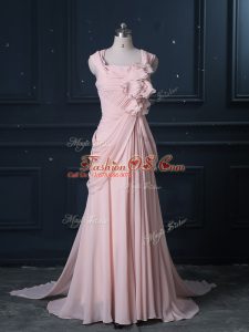 Clearance Sleeveless Ruching Zipper Prom Evening Gown with Pink Brush Train