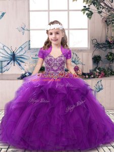 Purple Ball Gowns Straps Sleeveless Tulle Floor Length Lace Up Beading and Ruffles Child Pageant Dress