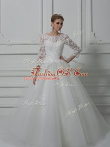 Scoop 3 4 Length Sleeve Tulle Wedding Gown Beading and Lace Brush Train Lace Up