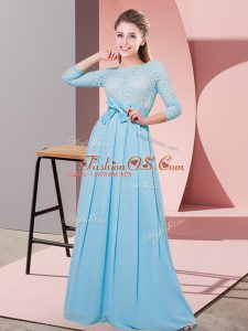 Baby Blue Empire Scoop 3 4 Length Sleeve Chiffon Floor Length Side Zipper Lace and Belt Bridesmaids Dress