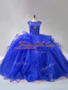 Eye-catching Royal Blue Sleeveless Beading and Ruffles Lace Up Ball Gown Prom Dress