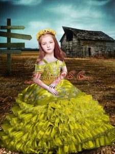 Floor Length Lace Up Little Girl Pageant Dress Olive Green for Wedding Party with Embroidery and Ruffled Layers