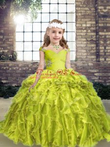 Sweet Sleeveless Organza Floor Length Lace Up Little Girls Pageant Dress Wholesale in Yellow Green with Beading and Ruffles