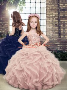 Pink Ball Gowns Tulle Straps Sleeveless Beading and Ruffles Floor Length Lace Up Little Girls Pageant Dress Wholesale