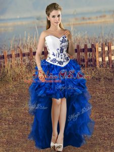 Blue And White A-line Embroidery Prom Gown Lace Up Organza Sleeveless High Low