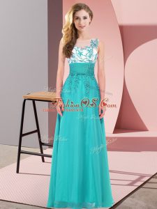 Dazzling Floor Length Teal Bridesmaid Gown Scoop Sleeveless Backless