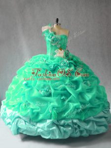 Turquoise Sleeveless Floor Length Pick Ups and Hand Made Flower Lace Up Quince Ball Gowns