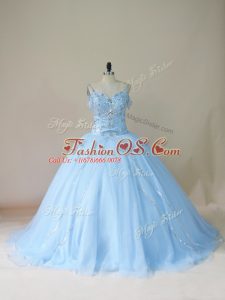 Modern Light Blue Sweet 16 Quinceanera Dress Sweet 16 and Quinceanera with Beading Straps Sleeveless Brush Train Lace Up