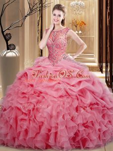 Floor Length Lace Up Ball Gown Prom Dress Pink for Sweet 16 and Quinceanera with Beading and Ruffles and Pick Ups