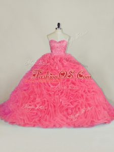 Halter Top Sleeveless Court Train Lace Up Sweet 16 Dress Red Fabric With Rolling Flowers