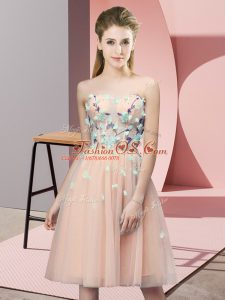 Inexpensive Peach Sleeveless Appliques Knee Length Wedding Party Dress